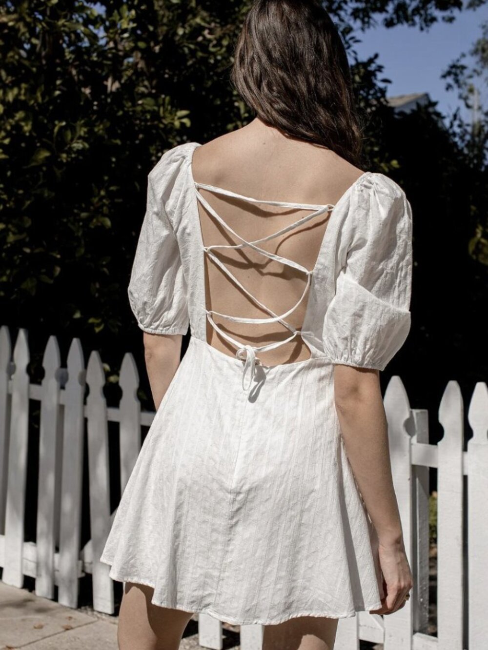 NWT Lulus Endearing Looks Ivory Puff Sleeve Lace-Up Mini Dress (size S) - Picture 4 of 8